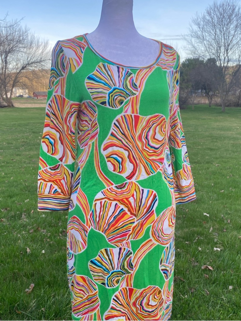 Trina Turk Green Multicolor Swirl Print Long Sleeve Shift Dress